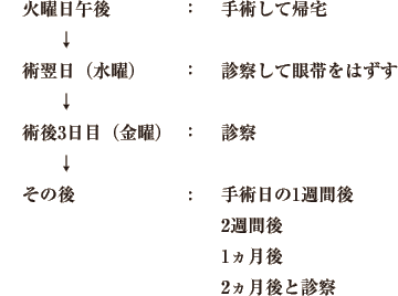 通院スケジュール 火曜日午後：手術して帰宅 術翌日（水曜）：診察して眼帯をはずす 術後3日目（金曜）：診察 その後　手術日の1週間後、２週間後、1ヵ月後、2ヵ月後と診察