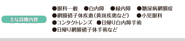 ［診療科目］・眼科一般・白内障・緑内障・糖尿病網膜症・網膜硝子体疾患（黄斑疾患など）・小児眼科・コンタクトレンズ・日帰り白内障・日帰り網膜硝子体手術など